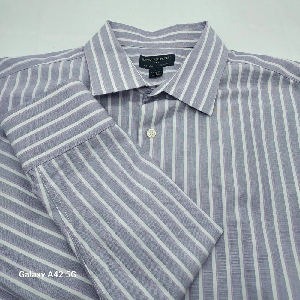 Banana Republic Mens Slim Fit Non Iron Purple White Stripe Dress Shirt XL 17 1/2